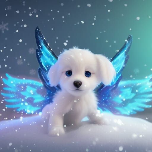 Adorable Puppy Angel in Snowy Christmas Scene