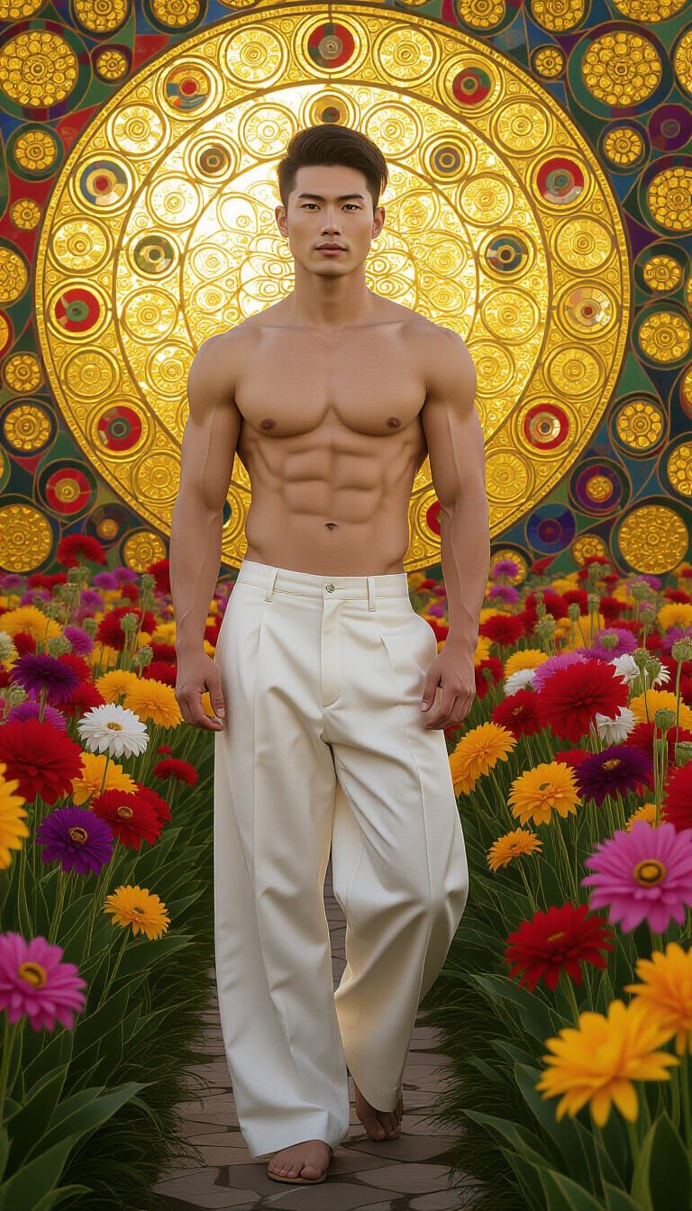 Gay Man in Klimt-Style Flower Garden