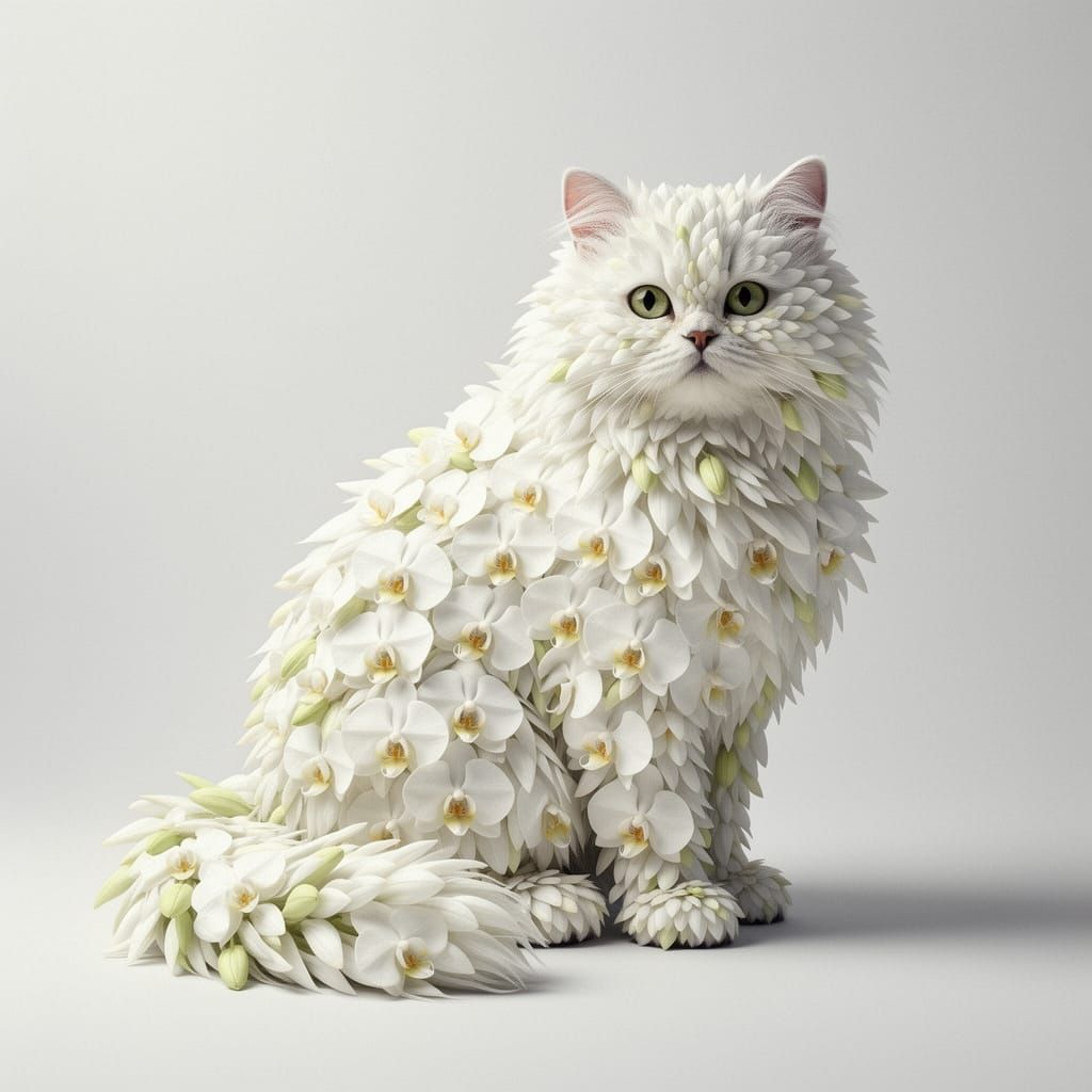 A white Persian cat made up entirely of white orchids. mixed media