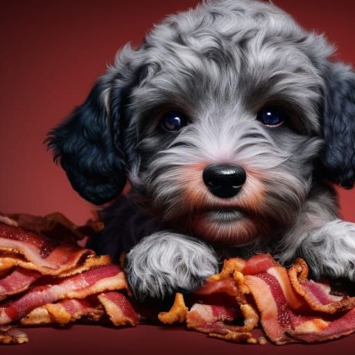 Fluffy Puppy in Bacon Pile: Photorealistic Concept Art