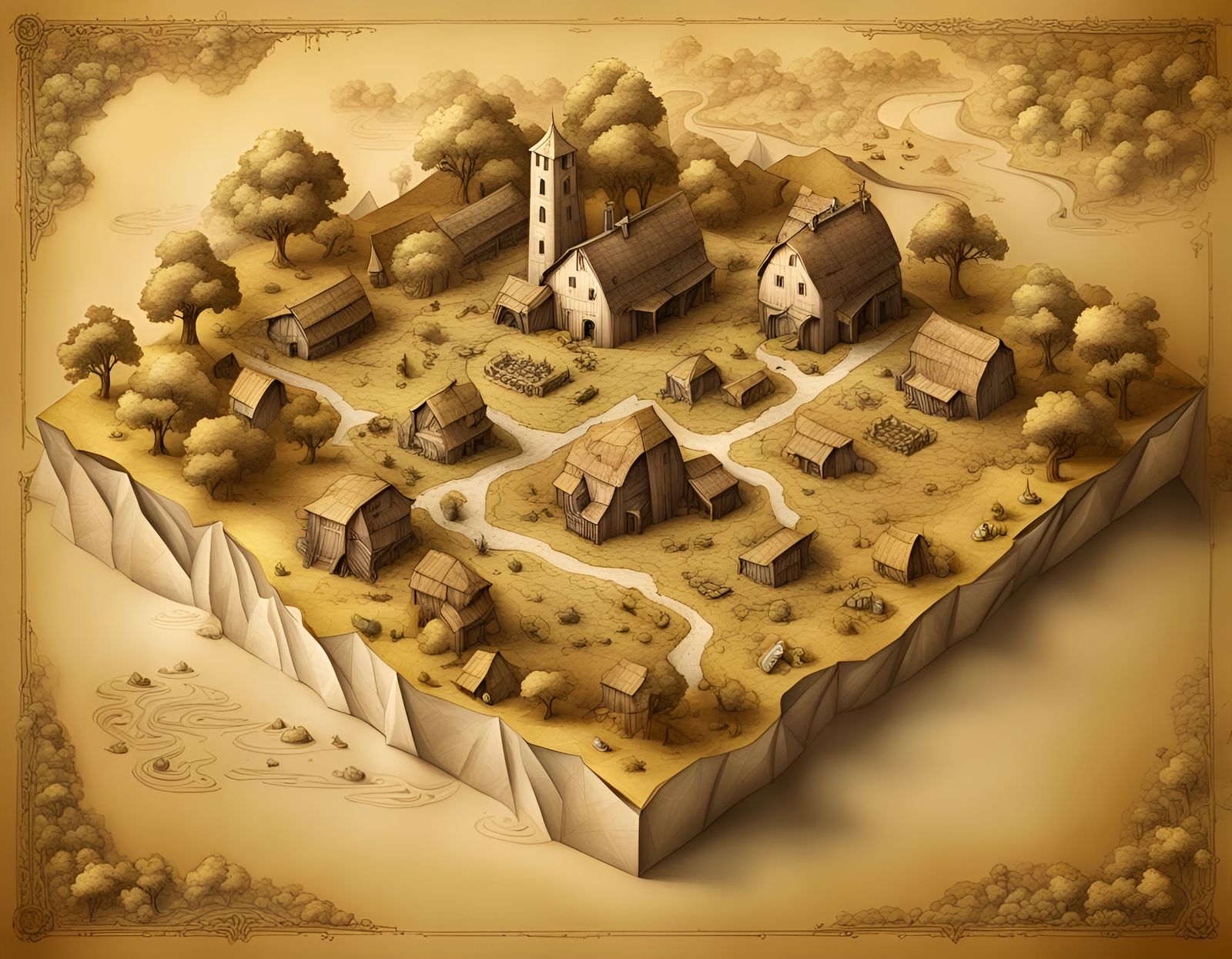Fantasy Farm: Intricate 3D Map on Parchment