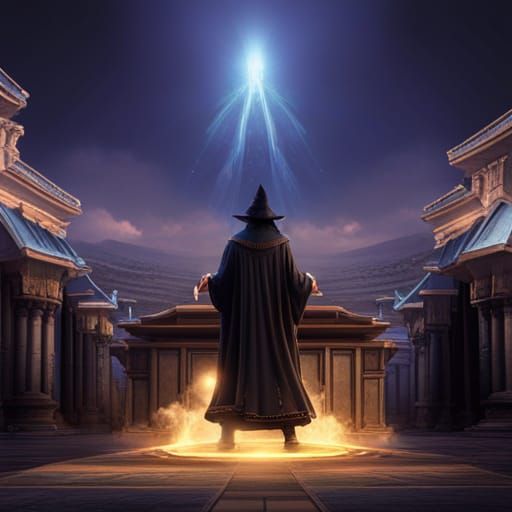 Fantasy Wizard Casting Spells in Stone Turret