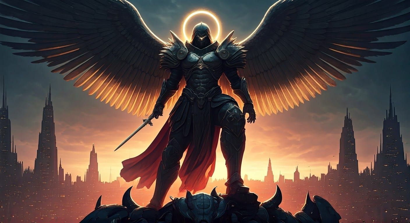 Mech Saint Michael Triumphant in Cyberpunk City