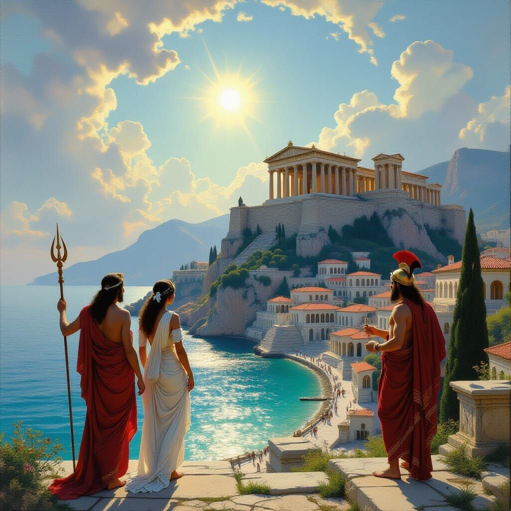 Ancient Thebes City with Greek Gods Protecting Olympus