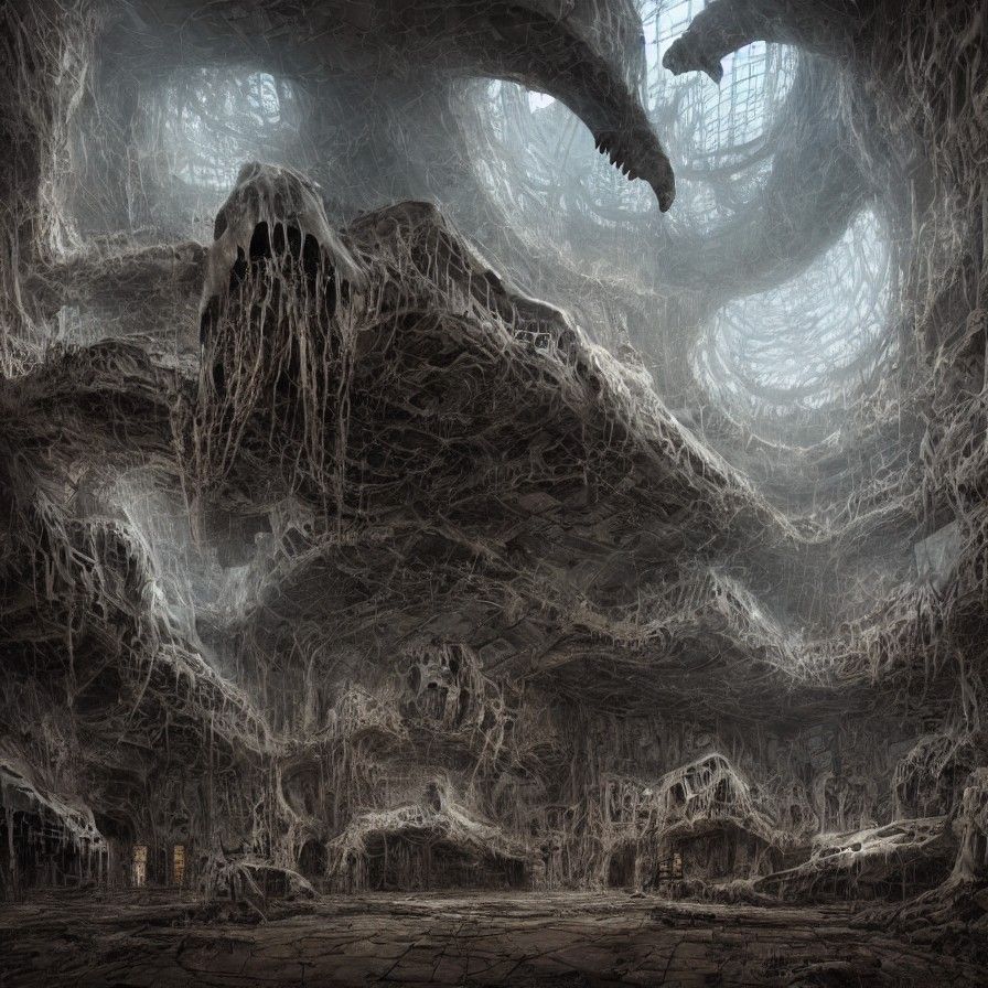 Brutalist Dinosaur Skull Structure with Lovecraftian Altar