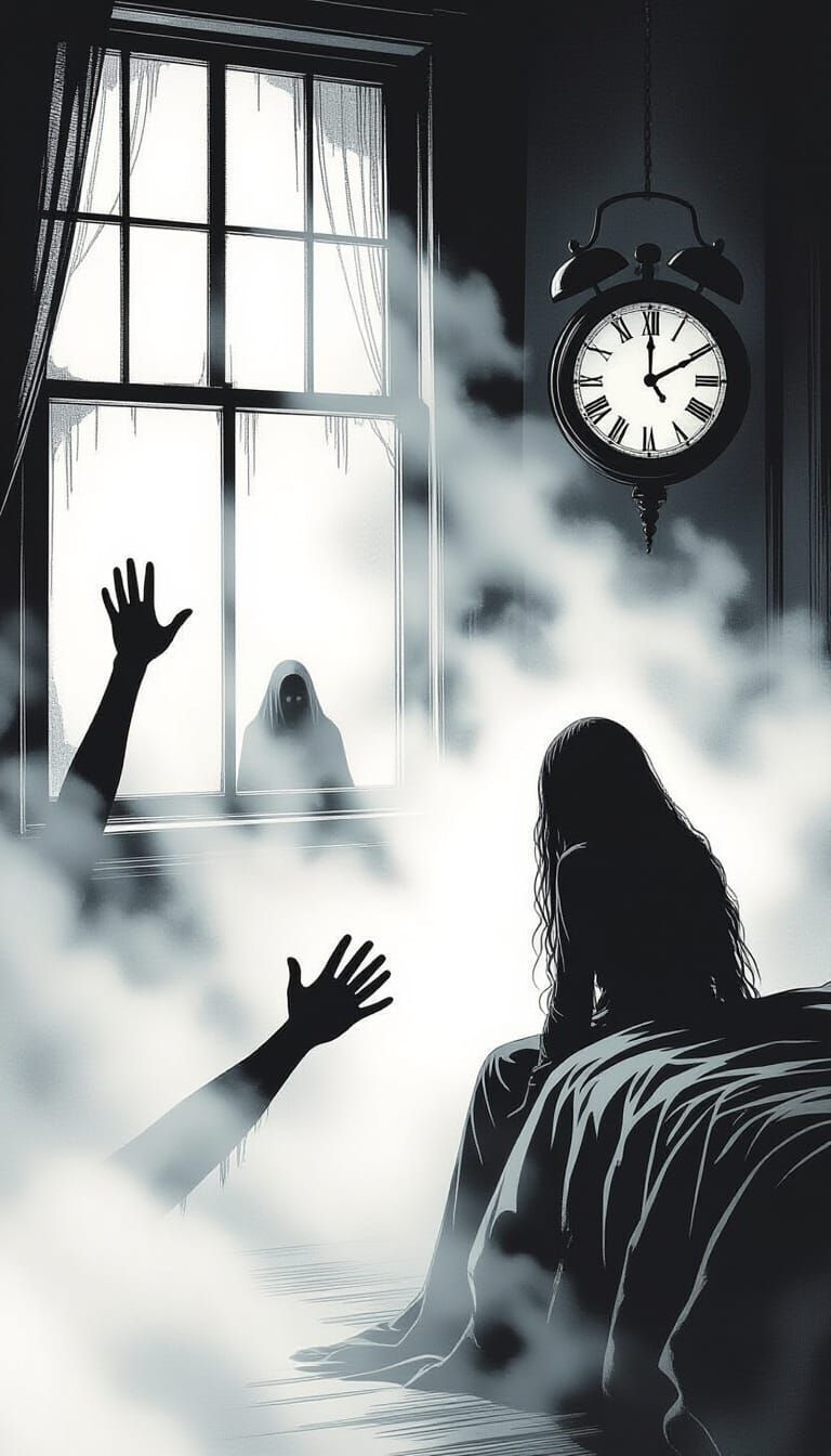 Eerie Night Scene: Spectral Hands and La Llorona Silhouette