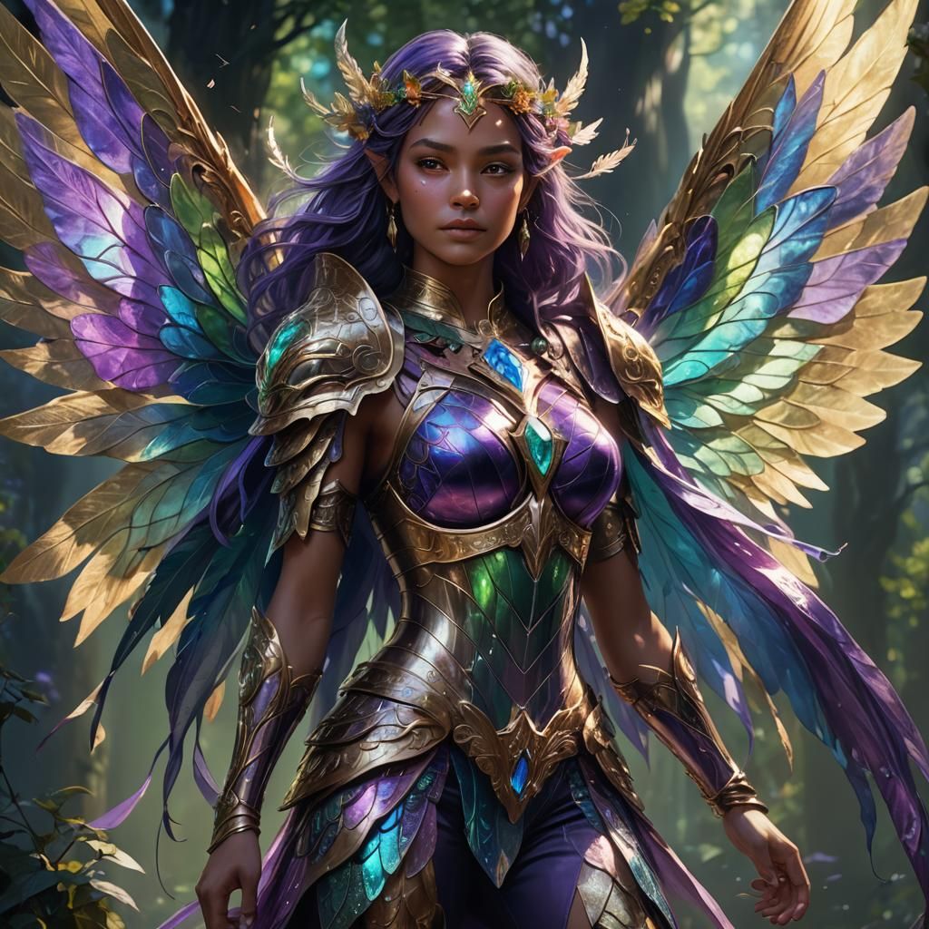 Fairy Warrior Woman with Iridescent Wings