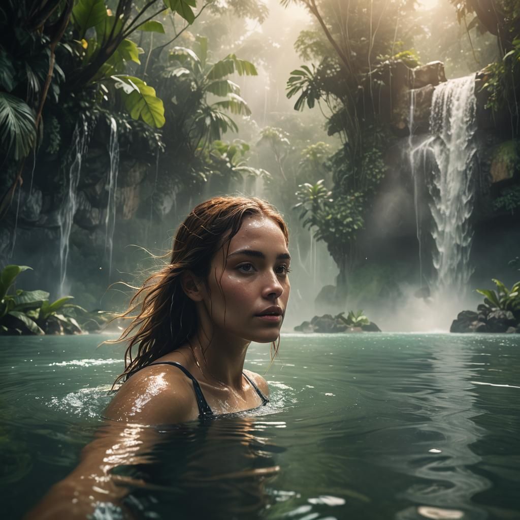 Woman Swimming in a Lagoon Paradise