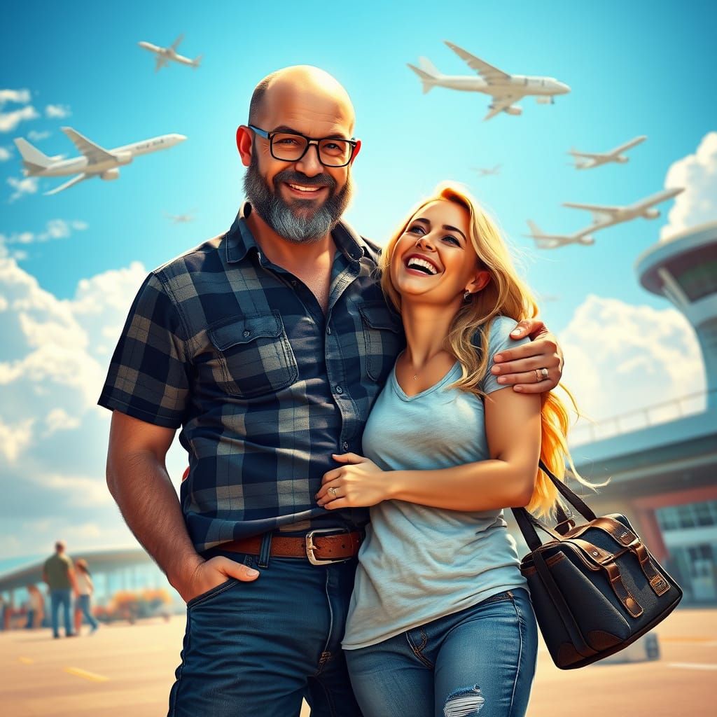Tall Handsome Man Embracing Wife in Vibrant Airport Scene