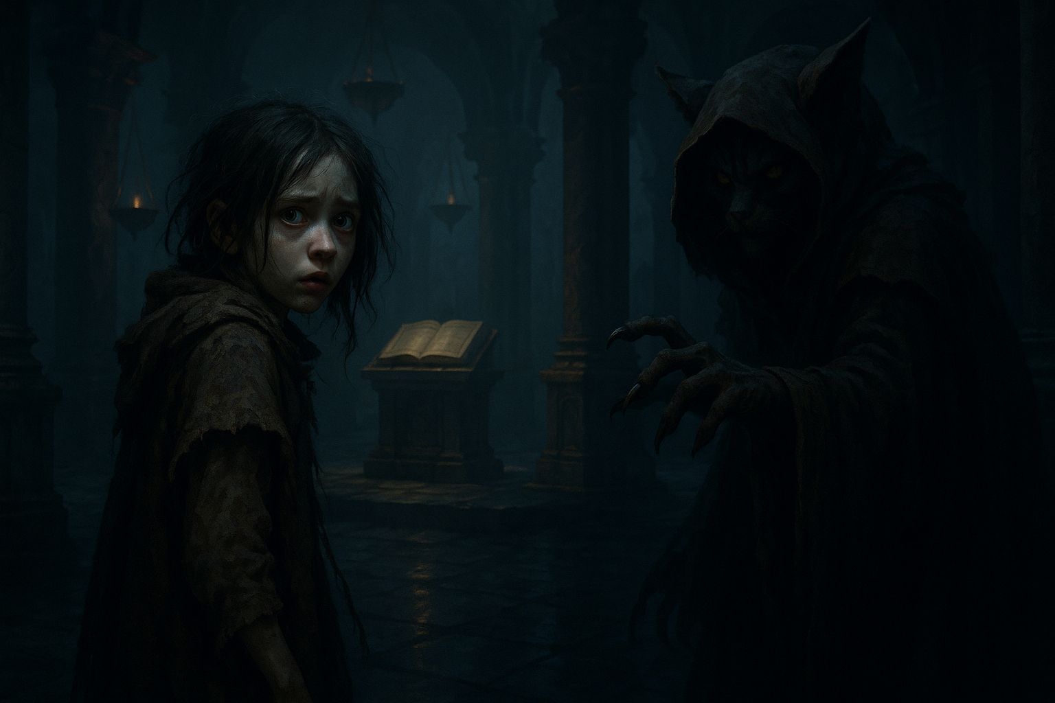 Frightened Mage Girl in Dark Cavernous Hall