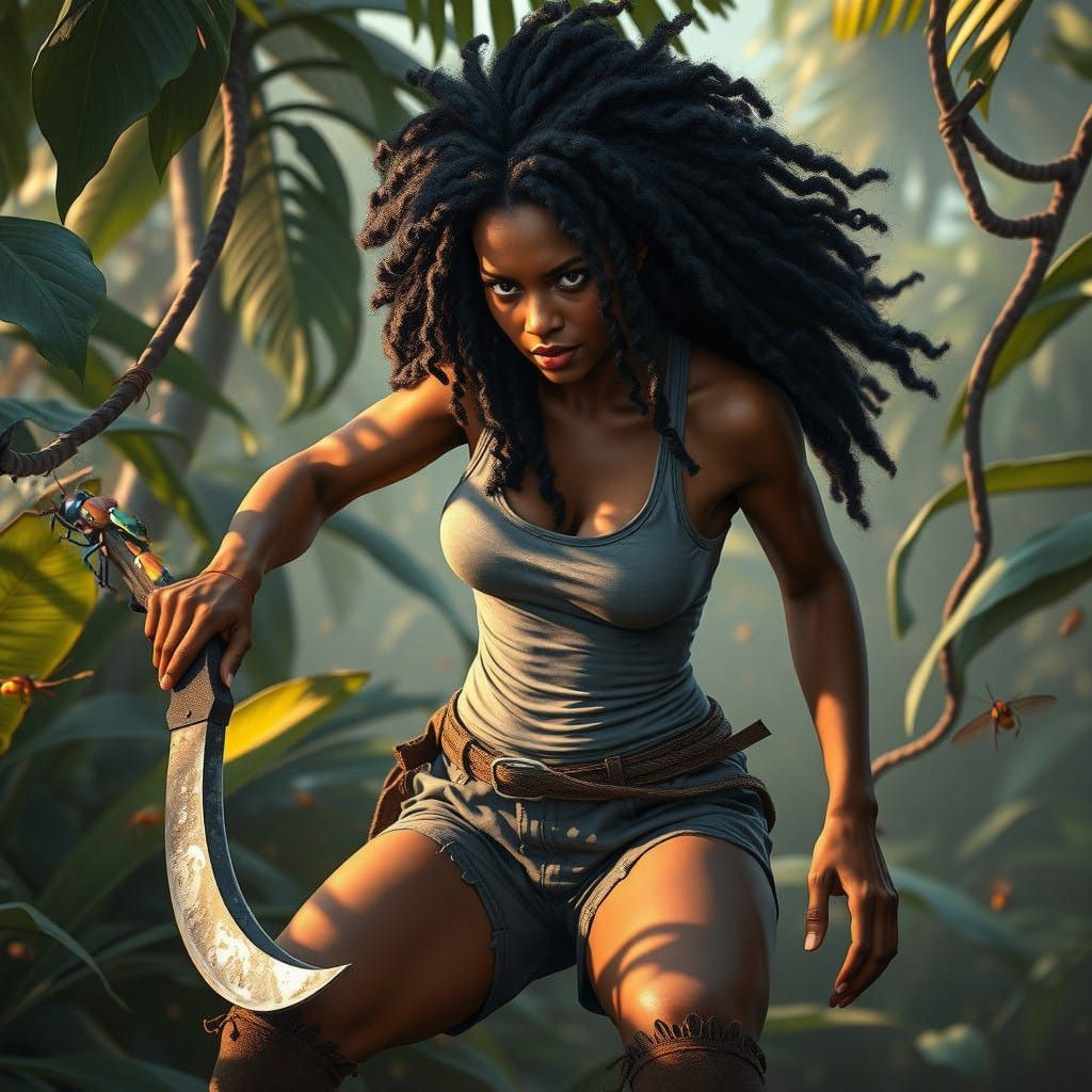 A Dark Skinned Woman Conquers the Jungle in a Vibrant Cyberp...