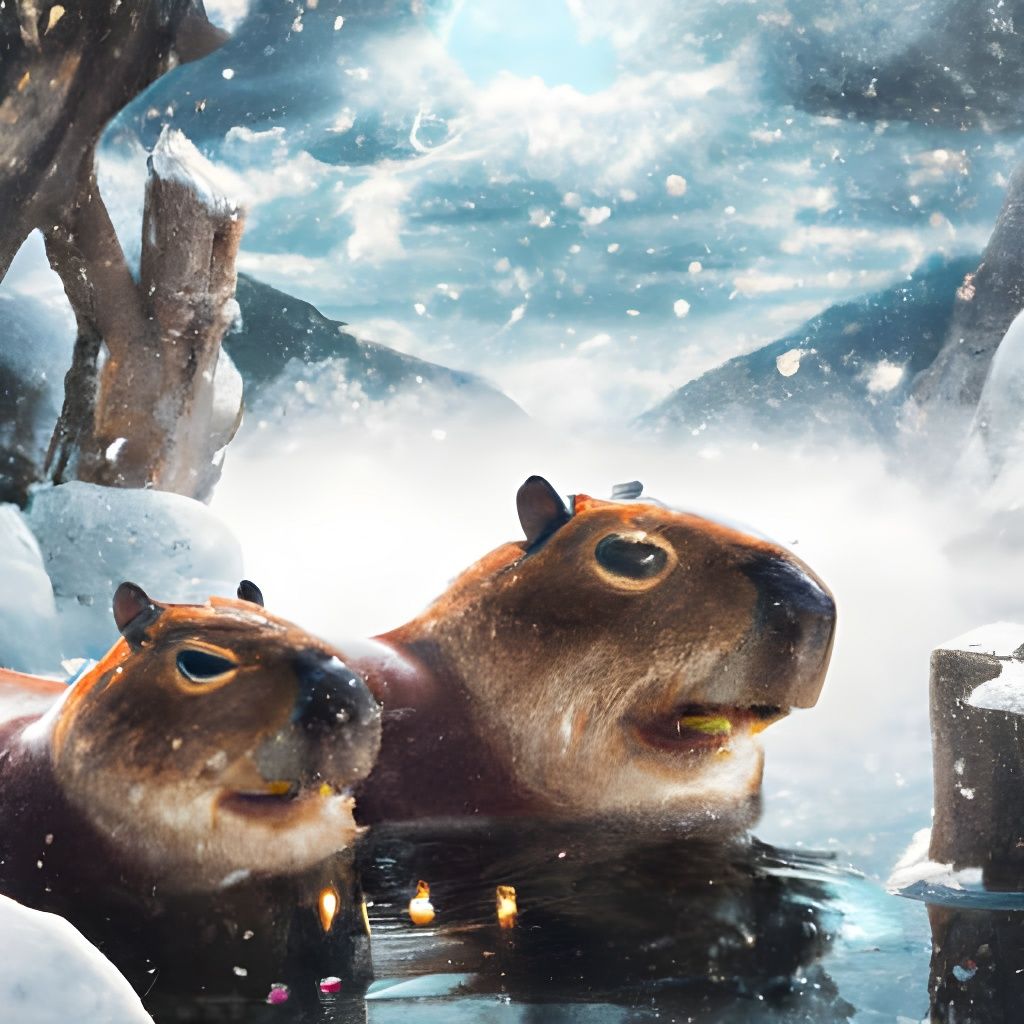 Capybaras Relax in Snowy Onsen Landscape