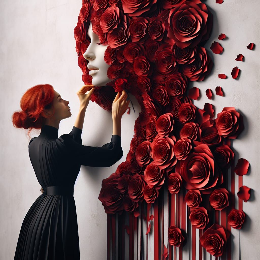 A woman with red hair is attaching a large, artistic women with face and body covered by  red rose sculpture to a white ...