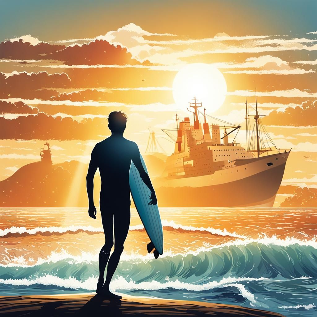 Sunny Beach with Surfer and Ship