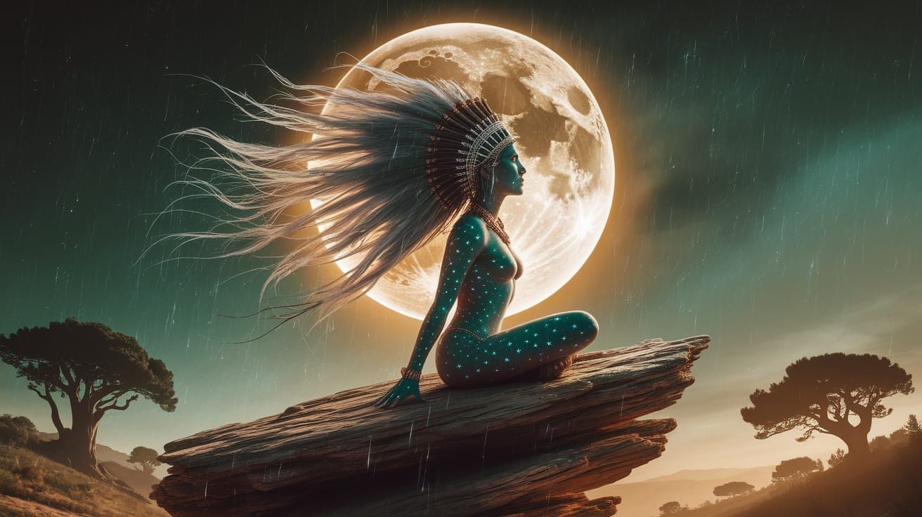 Cosmic Shaman Meditating Under Double Exposure Moon