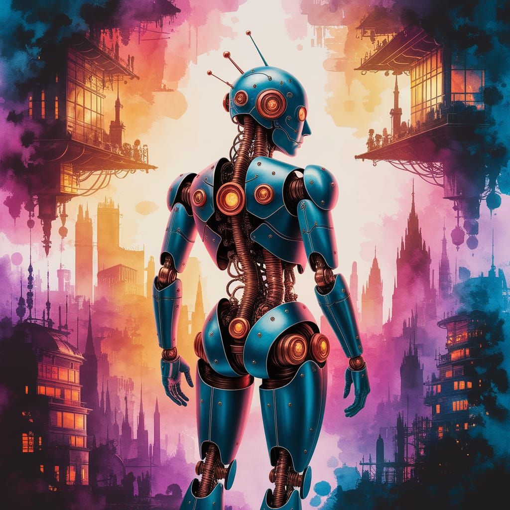 Steampunk Android Amidst Vibrant Cityscape in Watercolor Fan...