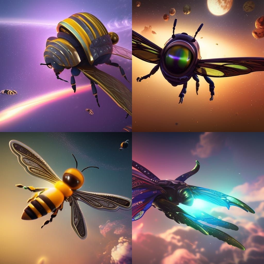 Electric Bee Flies Through Space: Detailed Digital Art