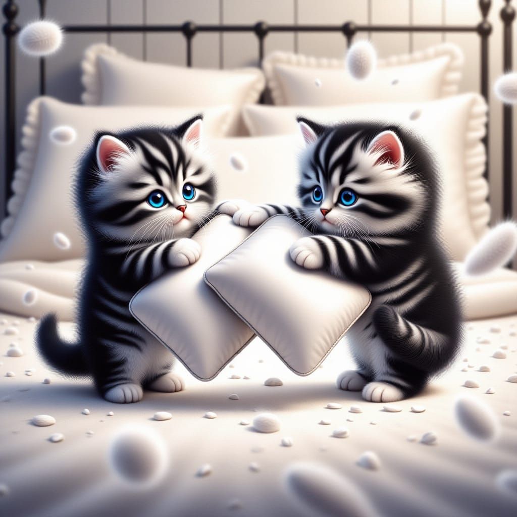 Adorable Kitten Pillow Fight in Comic Book Style