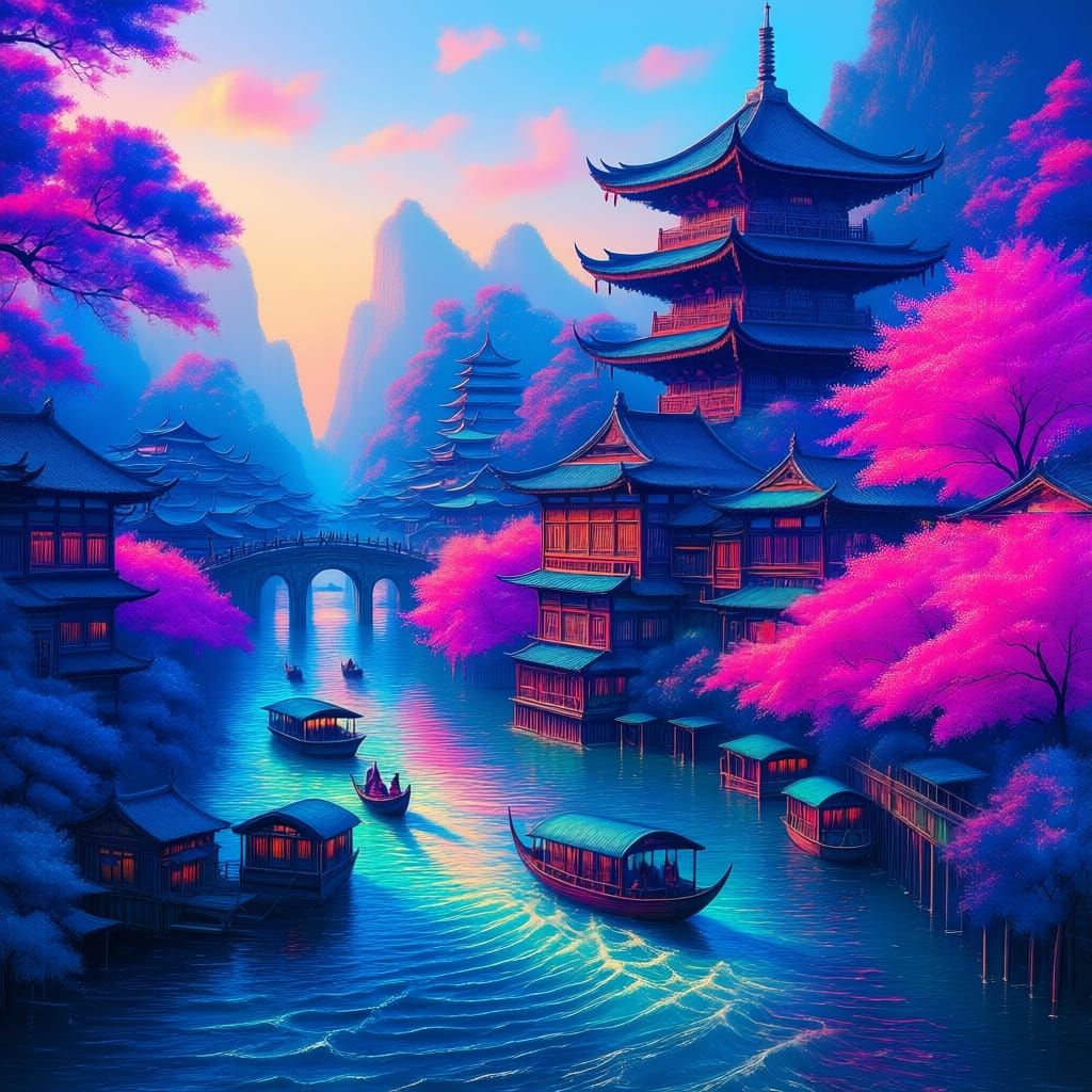 Vivid Pagoda on a Colorful River