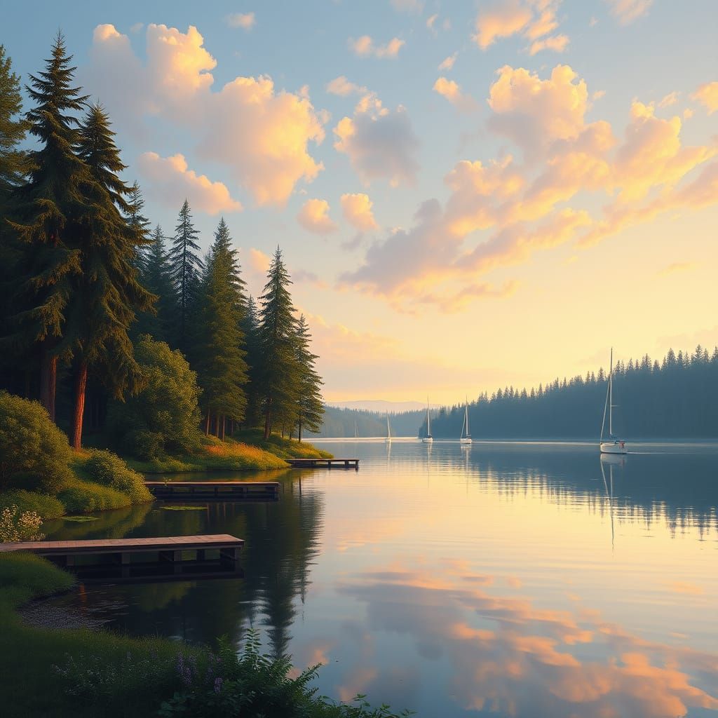 Lush Summer Lake Landscape in Impressionist Style