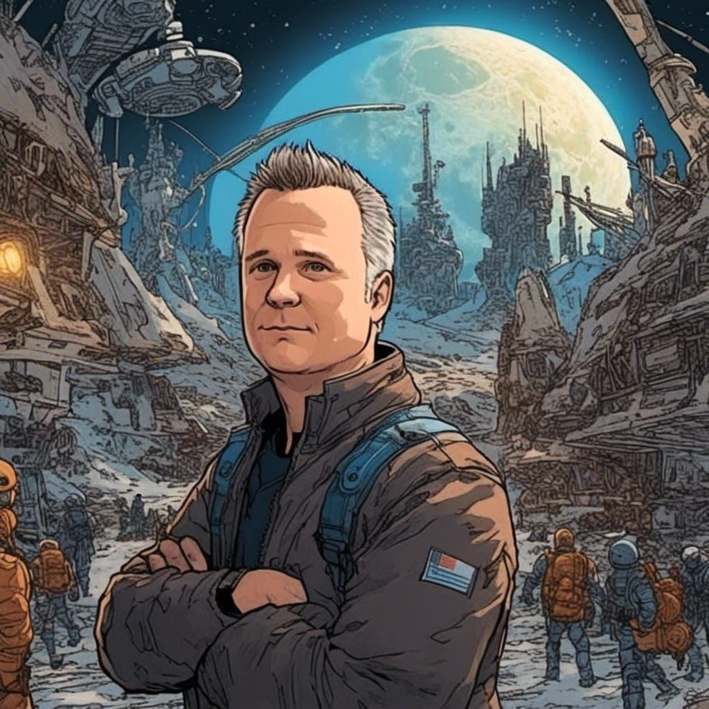 Comic Book Portrait on Moon with Spacecraft