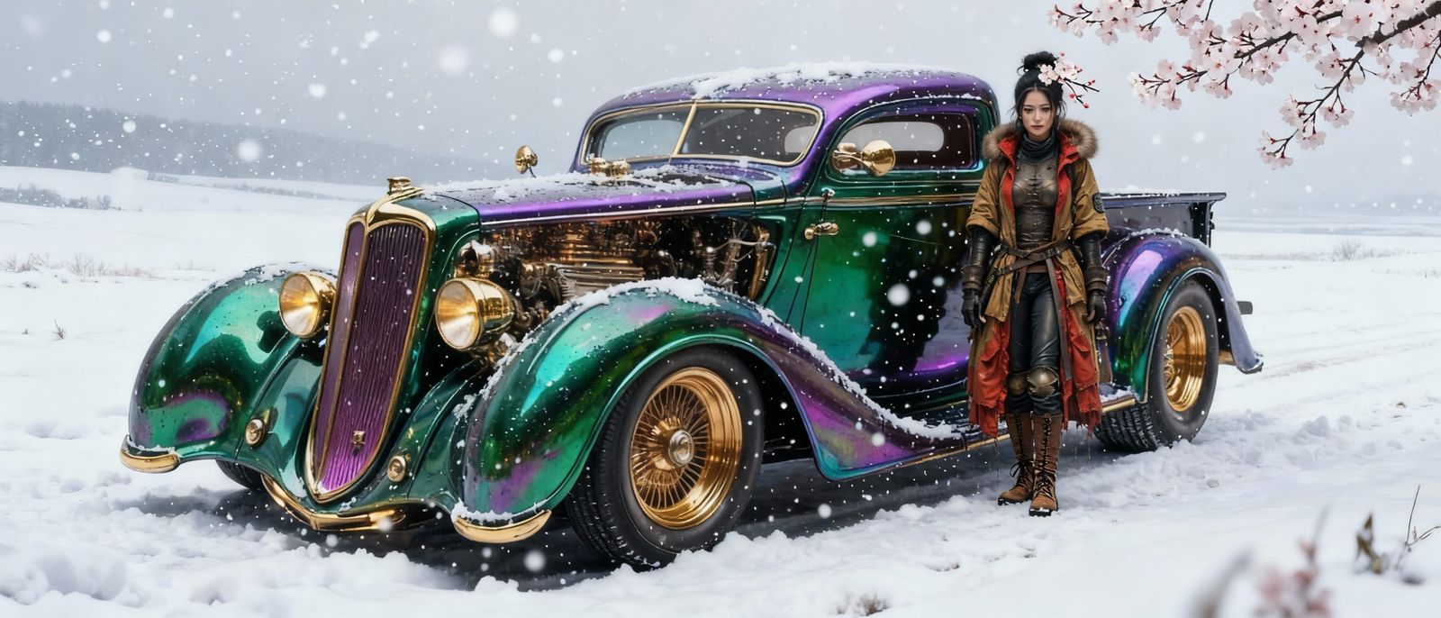 Asian Woman by Vintage Truck in Snowy Winter Landscape