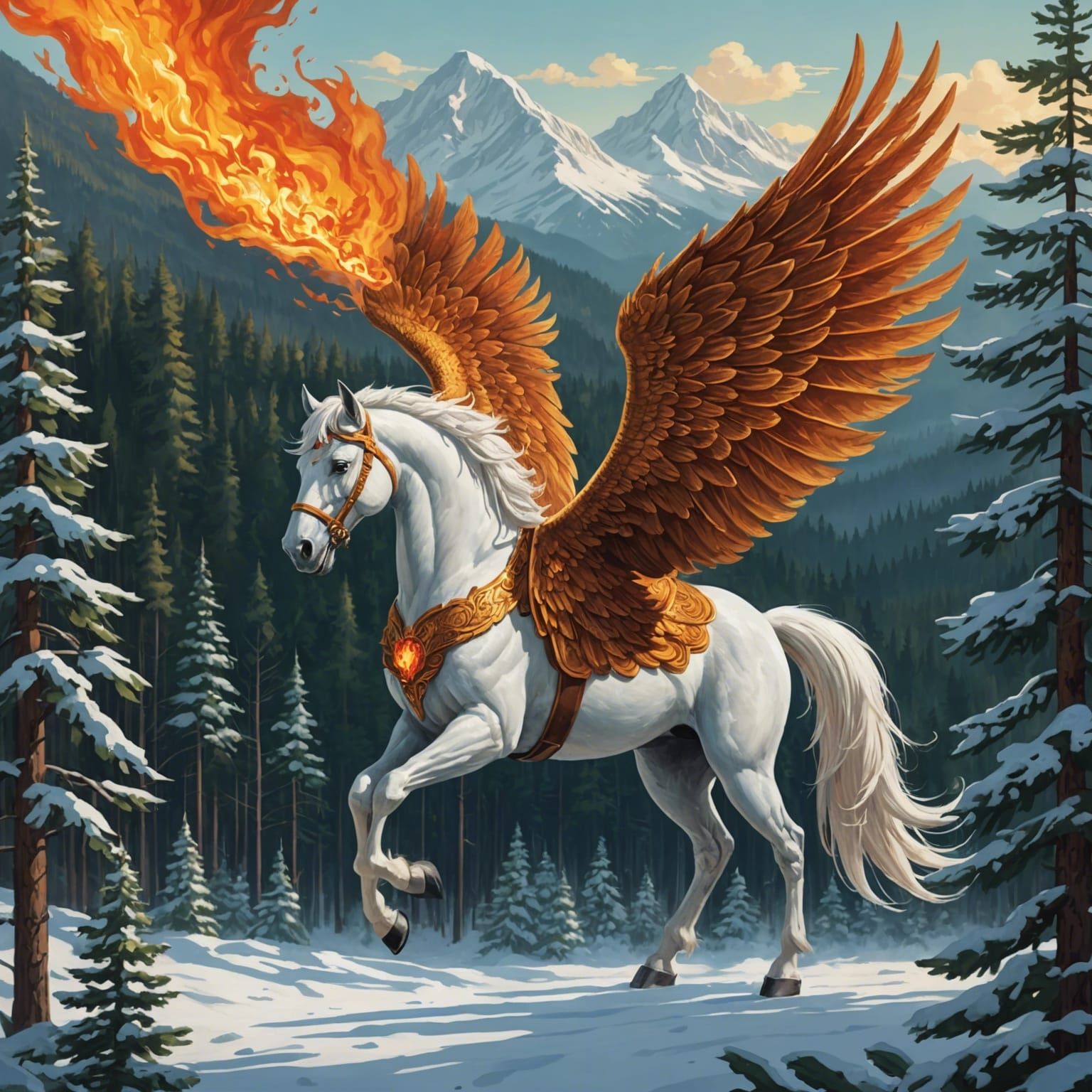 Fiery Pegasus in Icy Mountain Landscape