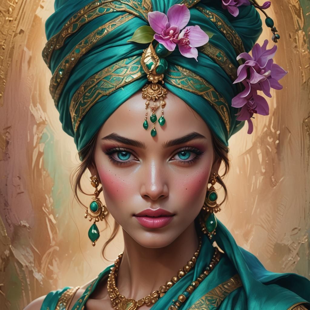 Detailed Fantasy Woman Portrait with Colorful Turban