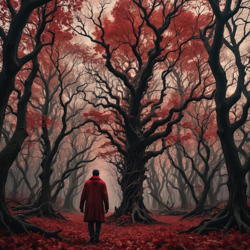 Eerie Forest of Red Leaves in Dark Surrealism