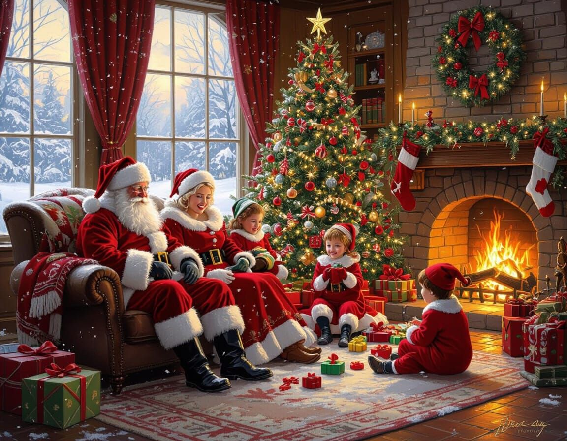 Santa Claus Family Relaxing by Fireplace After Holidays