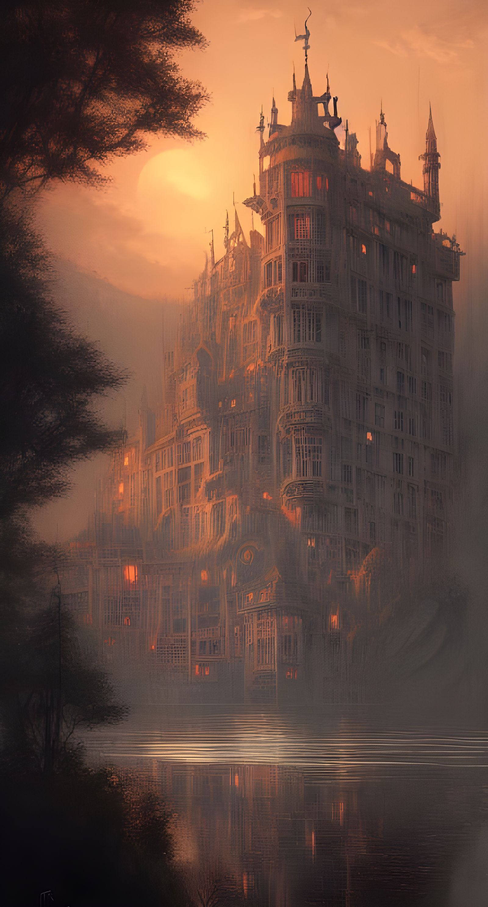 Sinister Babel Castle in Lake: Mixed Media Concept Art