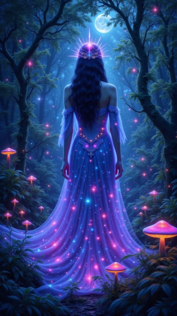 Mystical Woman in Neon Forest, Ash Thorp Style