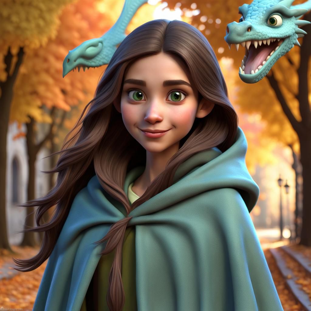 Girl on Blue Dragon in Autumn, 3D Digital Art