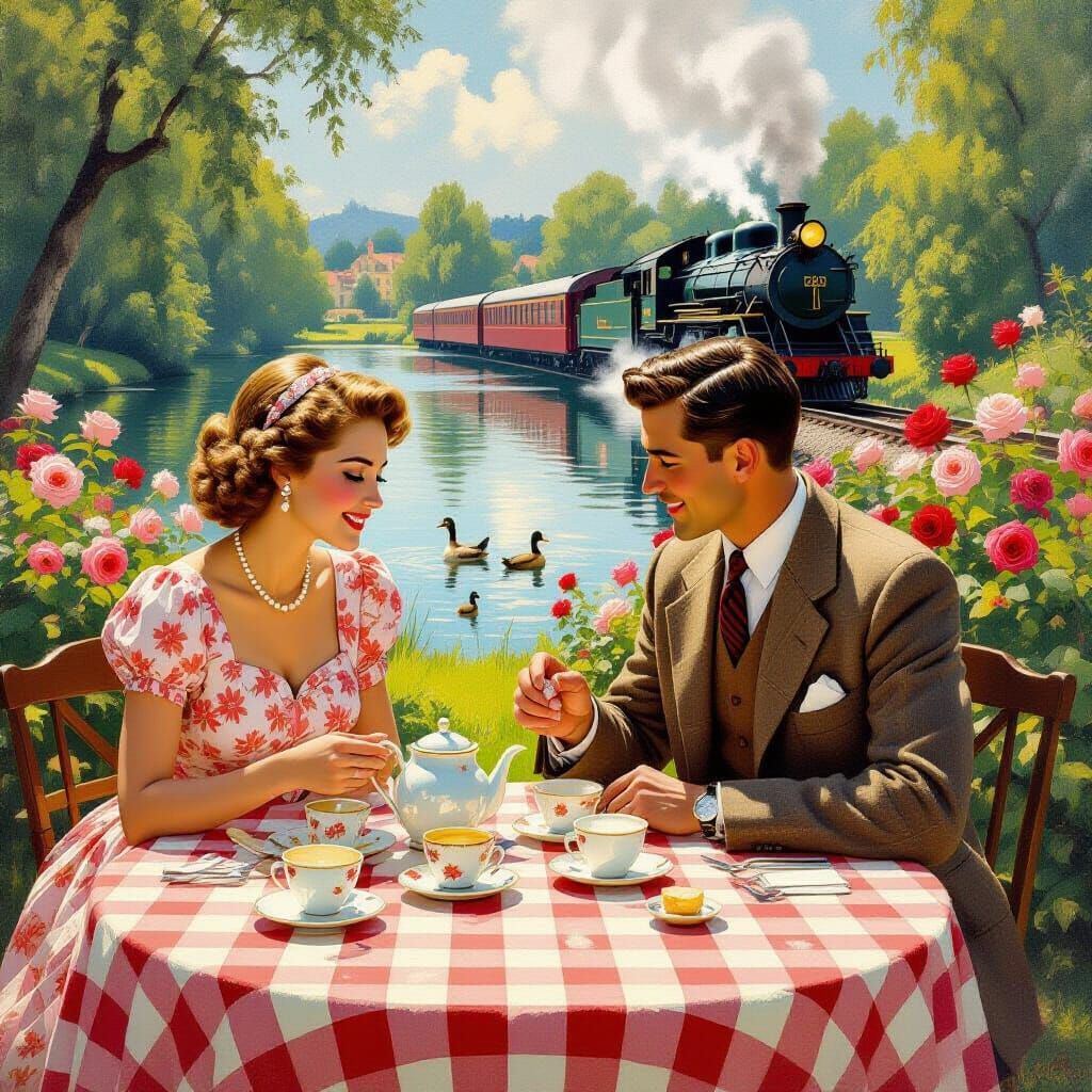 1955 Garden Tea Party Oil Painting