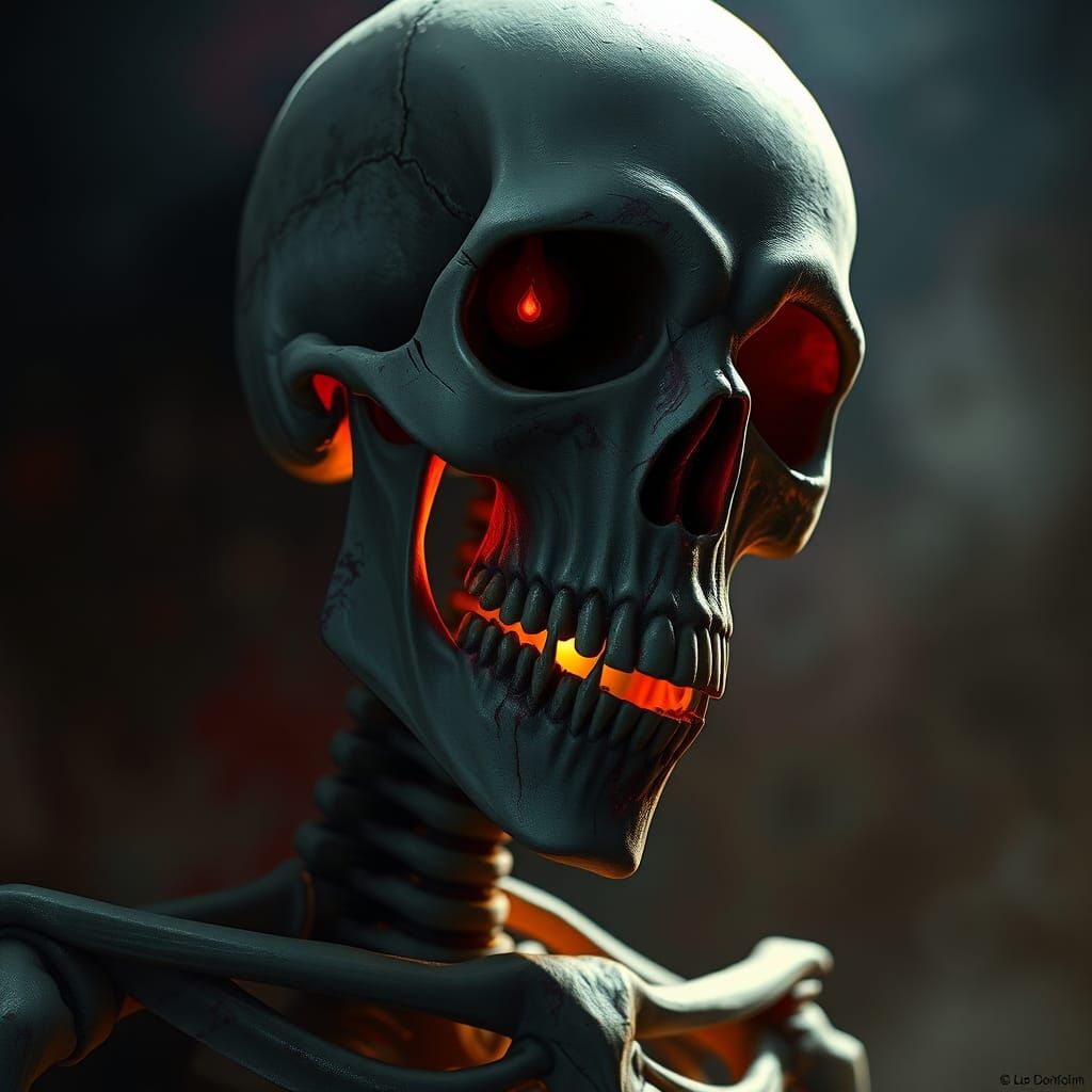 Hyperrealistic Skeleton with Vampire Fangs in Dark Style