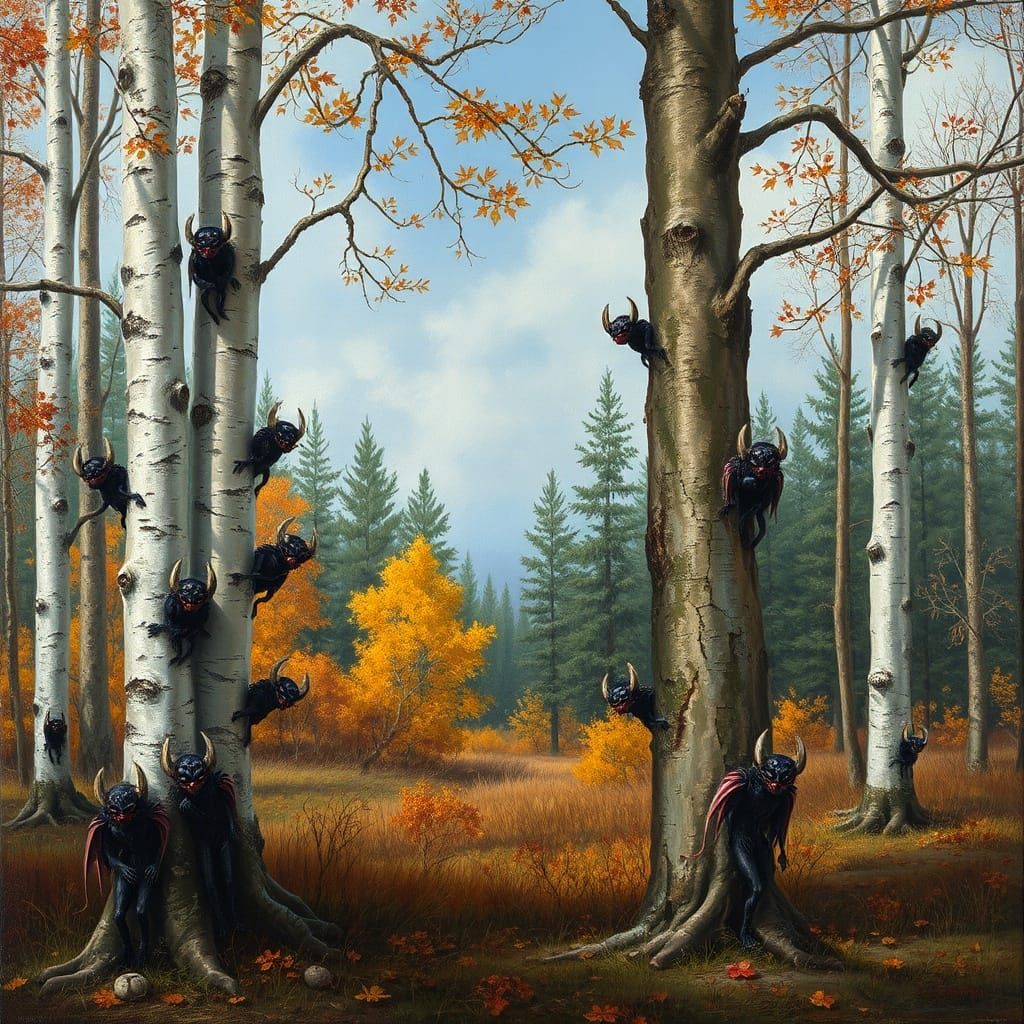 Autumn Forest Oil Painting with Hidden Demonic Imps