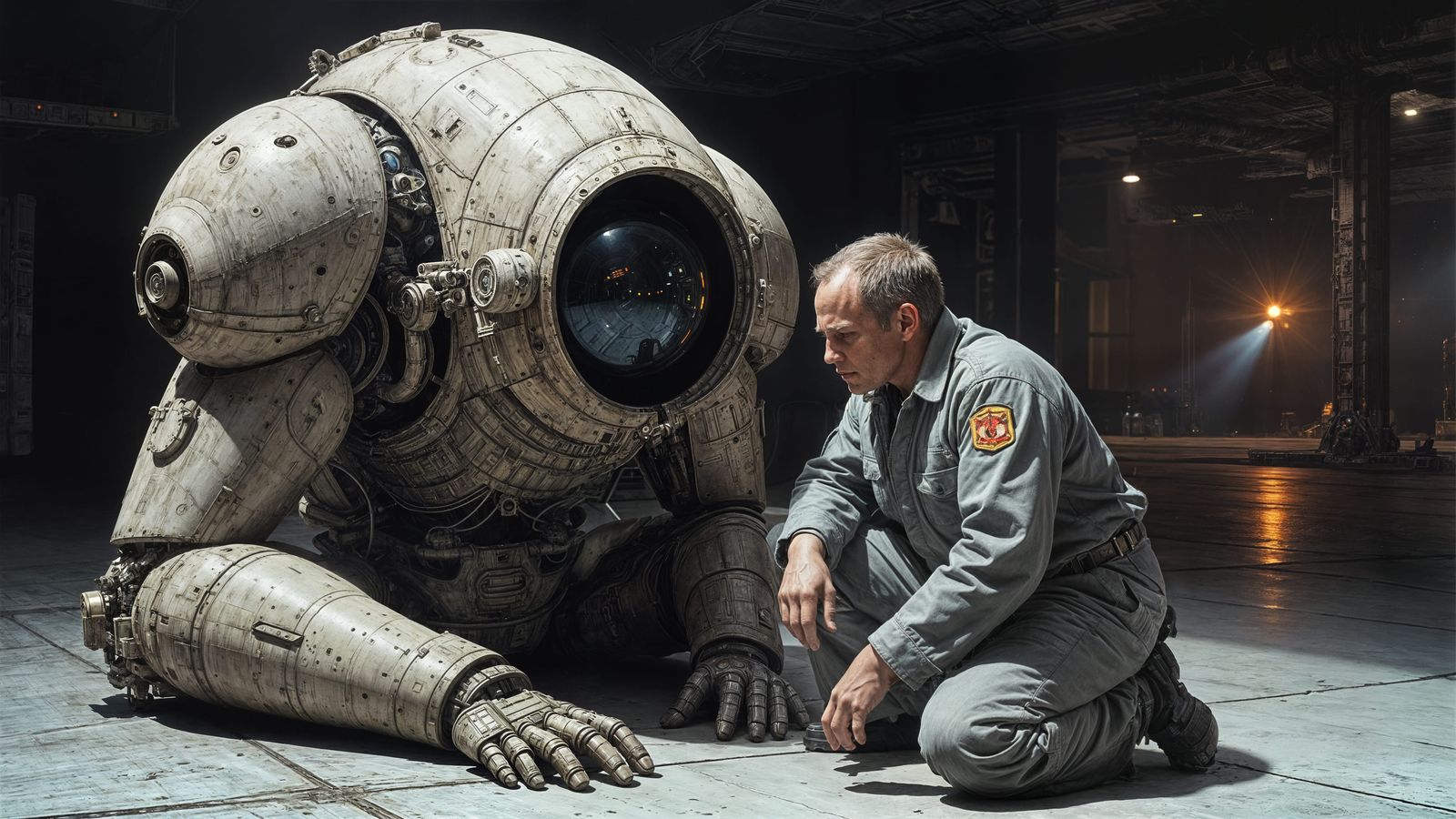 Classic Sci-Fi Spacecraft Battle Suit in Industrial Lighting