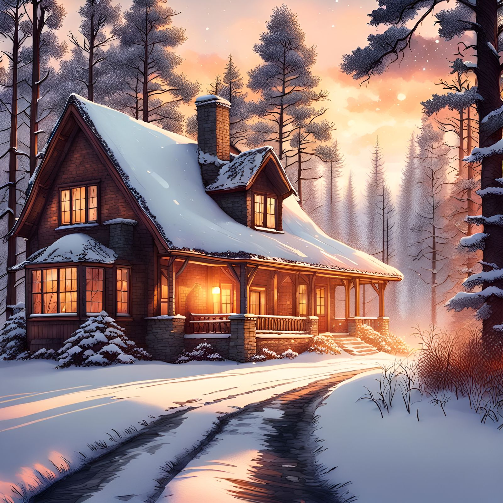Warm House in Snowy Forest at Sunset