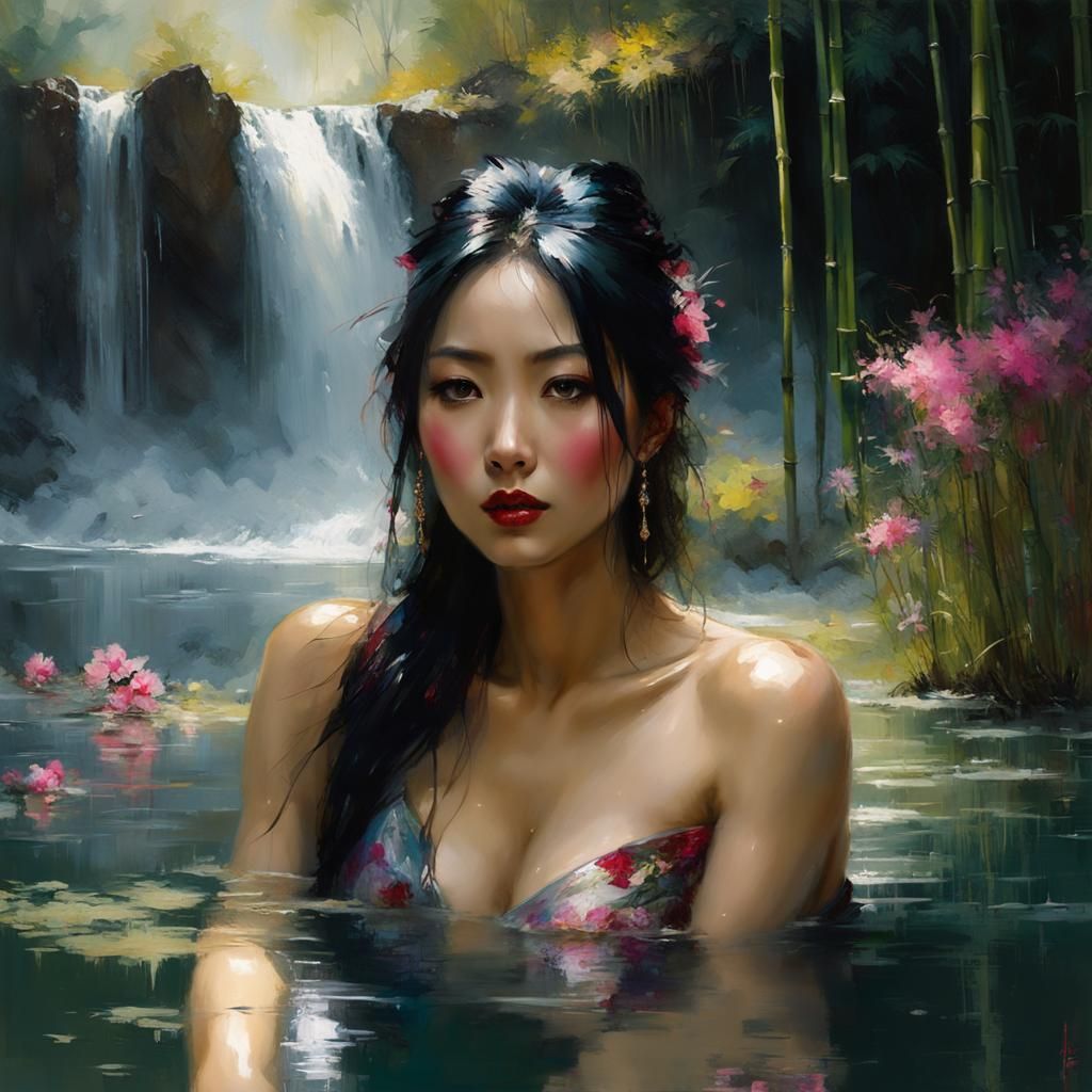 Asian Woman Bathing in Pond as Matte Painting