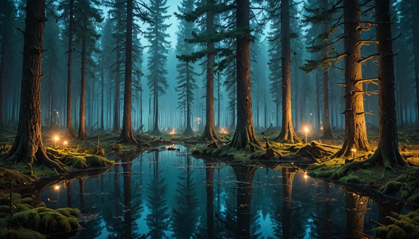 Enchanted Spruce Forest with Fairy Lights Reflection