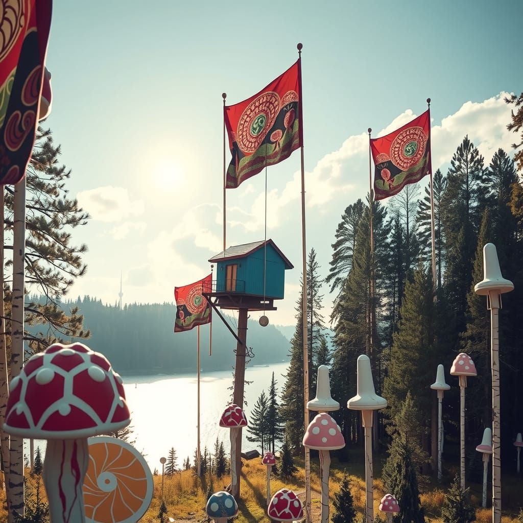 Gigantic Mushroom Flags in Brutalist Landscape