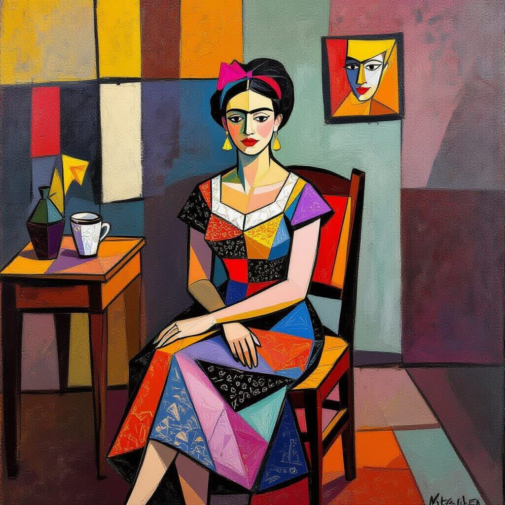 Cubist Woman in Geometric Room, Avant-Garde Style