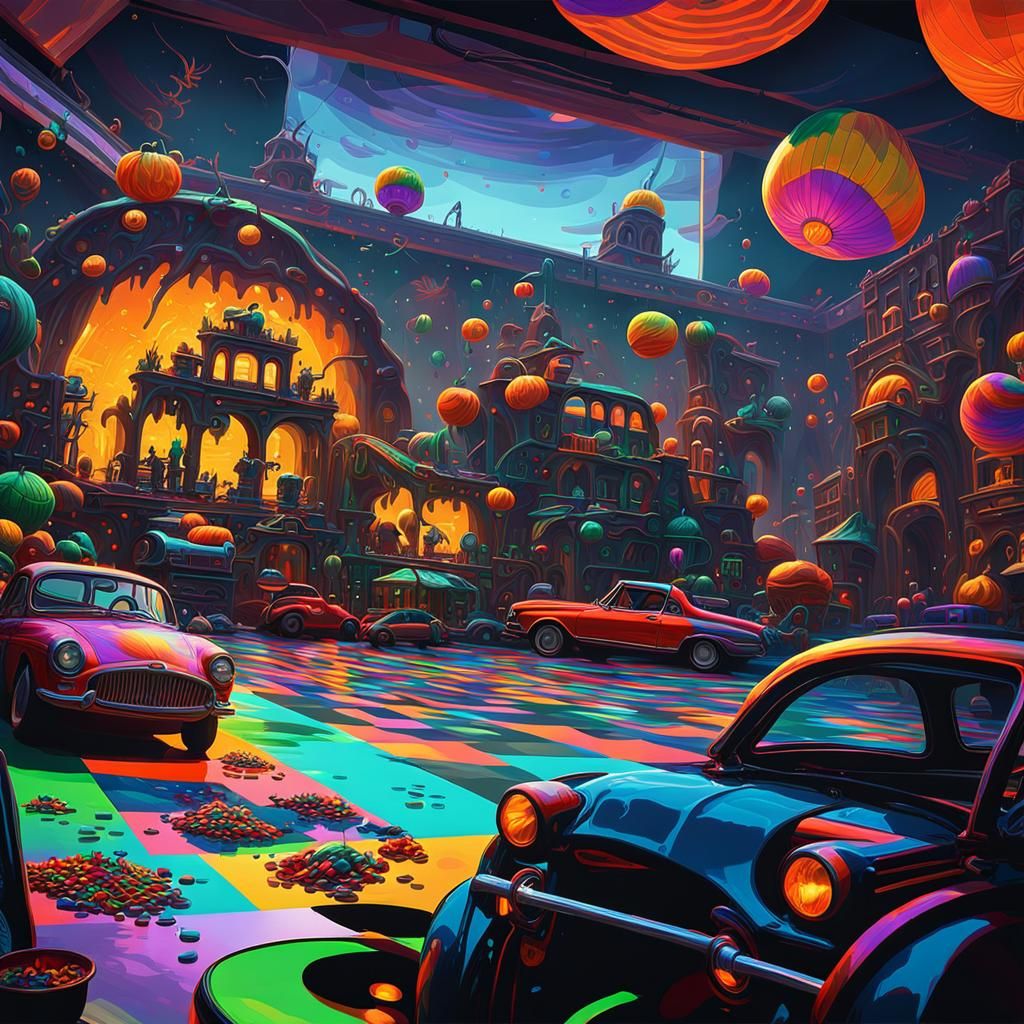 Spooky Candy Girl and Car in Digital Illustration