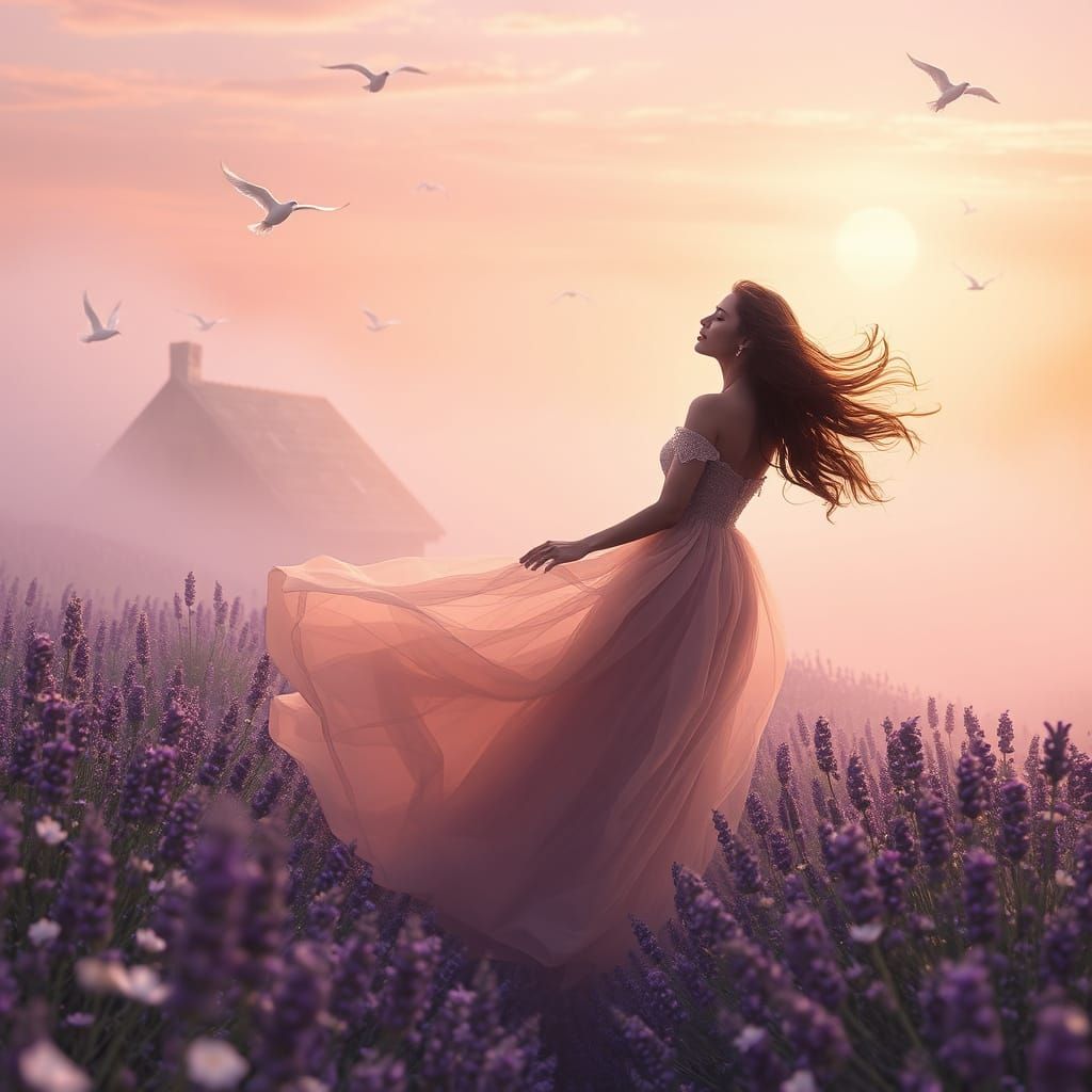 Whimsical Woman in Lavender Fields of Dreams