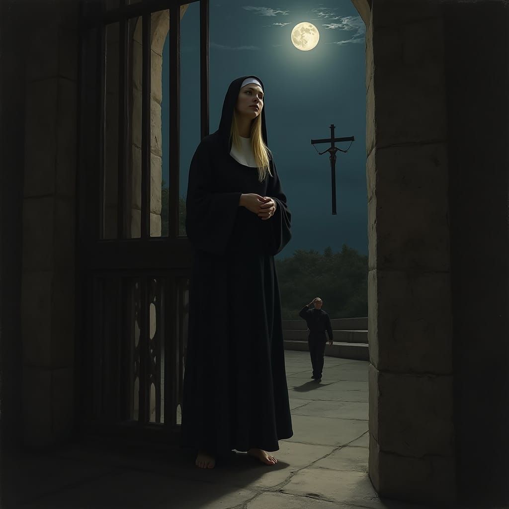 Mystical Nun in Dark Convent, Under Moonlit Night