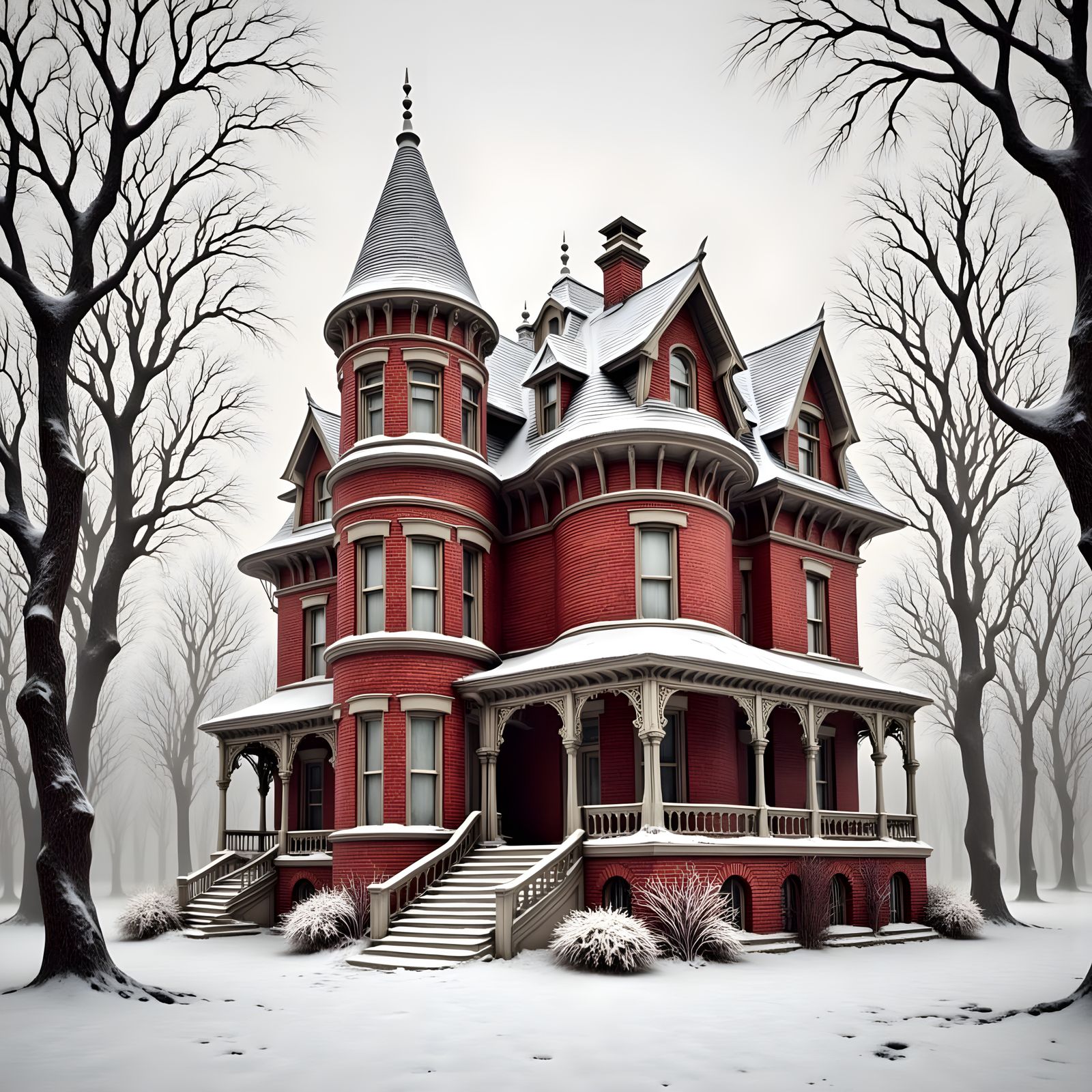 Victorian House in Snowy Landscape, Detailed Matte Painting