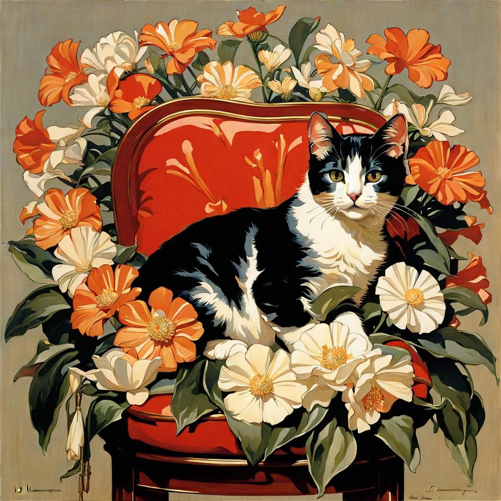 Cute Cat Surrounded by Flowers in Art Deco Style