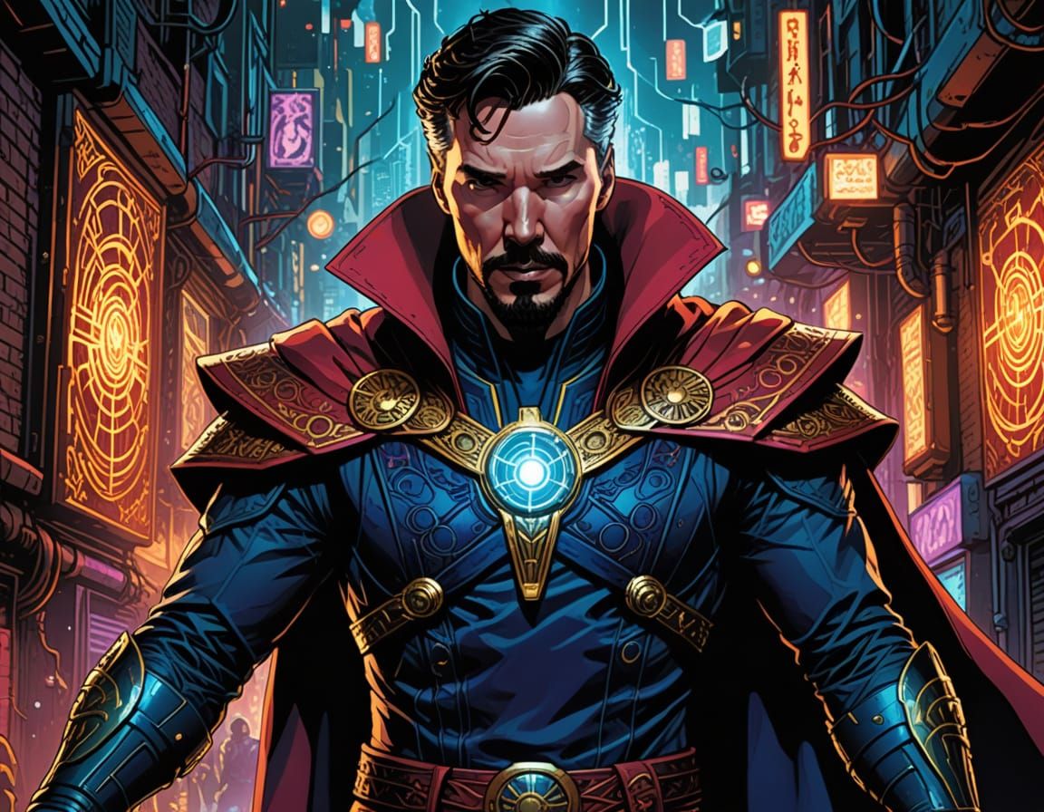 Doctor Strange vs Robotic Elon Musk in Cyberpunk Style