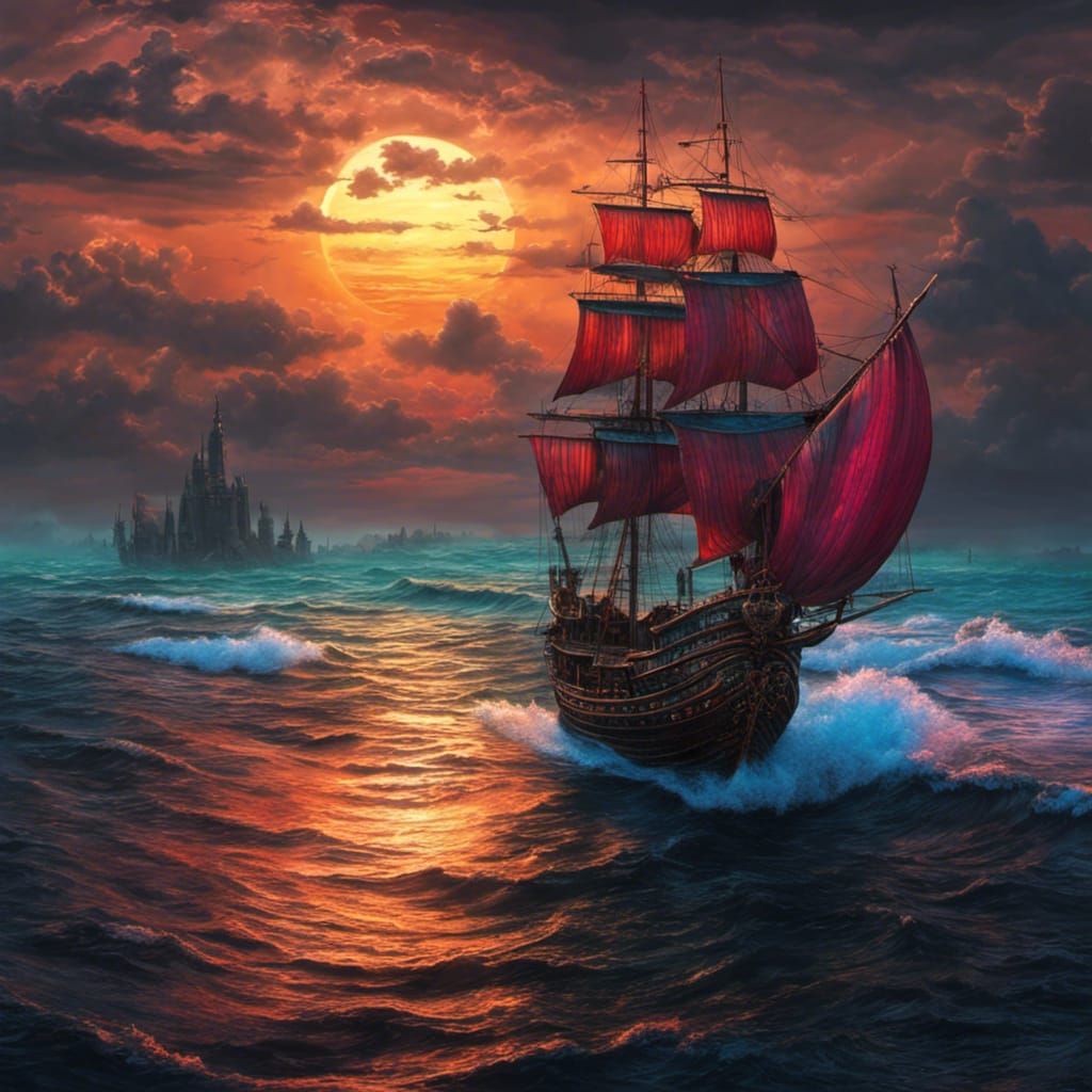 Gothic Boat on Stormy Sea in Tim Burton Style