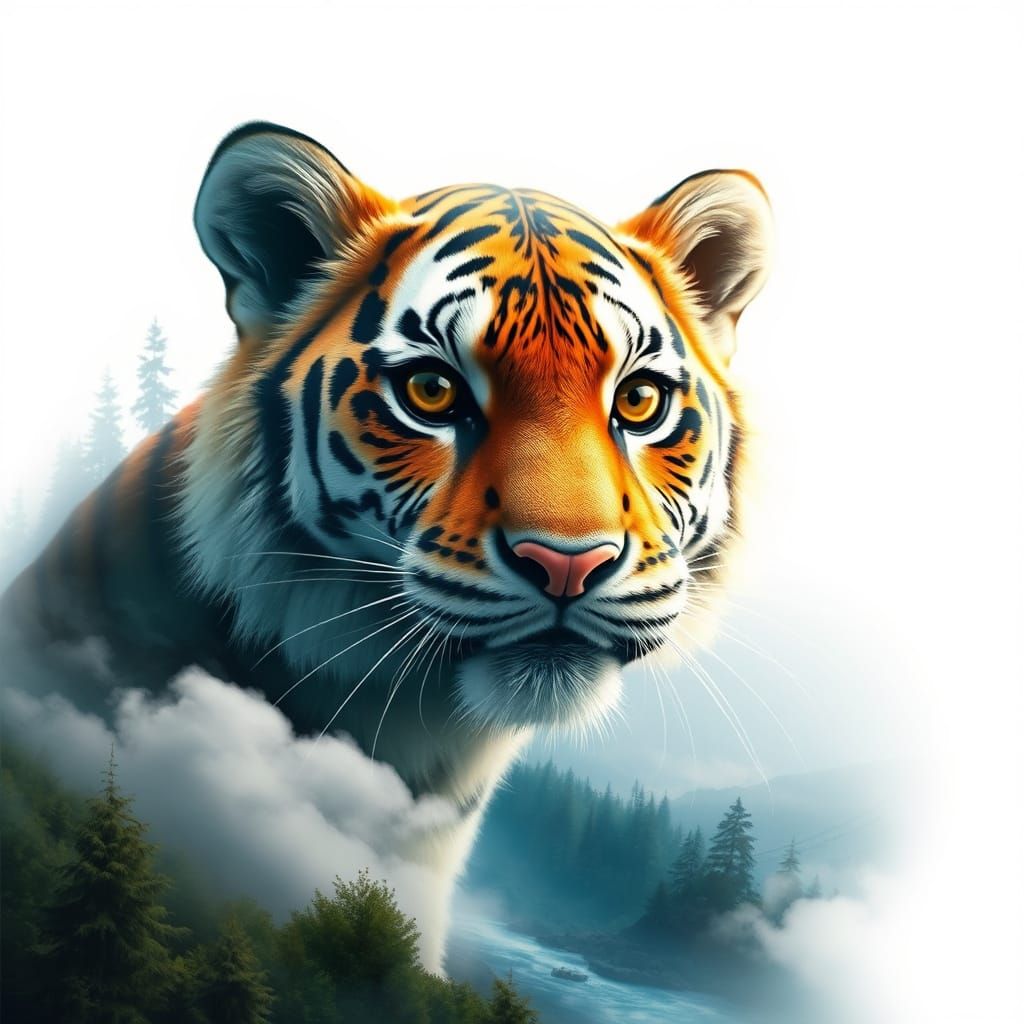 Whimsical Tiger Portrait Blends into Lush Forest